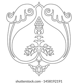 Isolated vector illustration. Symmetrical vintage floral decor with grape motifs. Black and white linear silhouette.