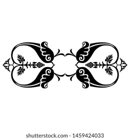 Isolated vector illustration. Symmetrical vintage floral decor with grape motifs. Black and white silhouette.