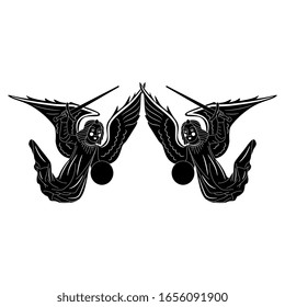 Isolated vector illustration. Symmetrical vintage decor with two flying medieval warrior angels. Black and white silhouette.