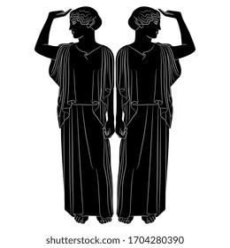 Isolated vector illustration. Symmetrical vintage decor. Two standing ancient Greek women or goddesses with raised hands. Black and white silhouette. 