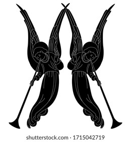 Isolated vector illustration. Symmetrical vintage decor with two angels playing trumpets. Black and white silhouette.
