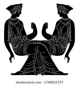 Isolated vector illustration. Symmetrical vintage decor with two sitting ancient Greek women. Vase painting style. Black and white silhouette.