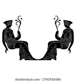 Isolated vector illustration. Symmetrical vintage decor or frame. Two sitting ancient Greek women or goddesses holding floral branches. Black and white silhouette.
