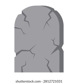 An isolated vector illustration of a tall, damaged, light grey headstone featuring deep cracks across the surface. It is highly useful for spooky Halloween layouts, cemetery backgrounds, horror themes, and blank memorial design elements