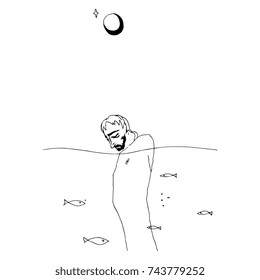 Isolated vector illustration of Tantalus. Old Greek mythology. Thin linear outlines based on original style hand drawn art. Black ink pen sketch.