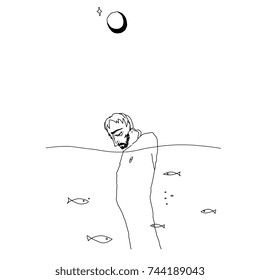 Isolated vector illustration of Tantalus. Old Greek mythology. Thin linear outlines based on original style hand drawn art. Black ink pen sketch.