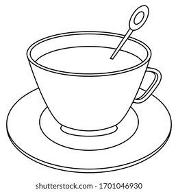 Isolated vector illustration. Tea or coffee cup with saucer and spoon. Black and white linear silhouette.