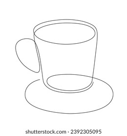 Isolated vector illustration. Tea or coffee cup with saucer. Black and white linear silhouette.