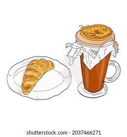 Isolated vector illustration of tea with lemon and croissant isolated on white background. Food as a blank for a designer, a logo, an icon.