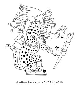 Isolated vector illustration. Tepeyollotl or Tepeyollotli. Fantastic feline monster. Aztec god Tezcatlipoca. Mexican mythology. Based on ancient codex image. Black and white linear silhouette.