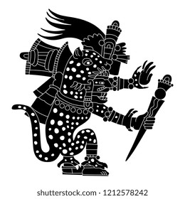 Isolated vector illustration. Tepeyollotl or Tepeyollotli. Fantastic feline monster. Aztec god Tezcatlipoca. Mexican mythology. Based on ancient codex image. Black and white linear silhouette.