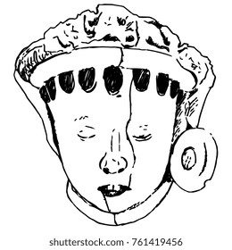 Isolated vector illustration. Terracotta head of a kid. Pre-Columbian Mexican art. Remojadas Veracruz culture. Based on hand drawn sketch.