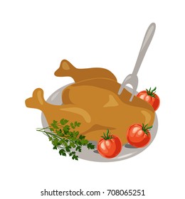 Isolated Vector illustration thanksgiving day with turkey and vegetables on dish.