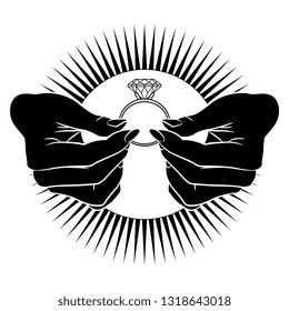 Isolated vector illustration. Tho human hands holding engagement ring in radiant halo. Black and white silhouette. Romantic nuptial emblem or logo.