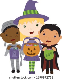 An isolated vector illustration of three happy trick-or-treating diverse kids in costumes on Halloween