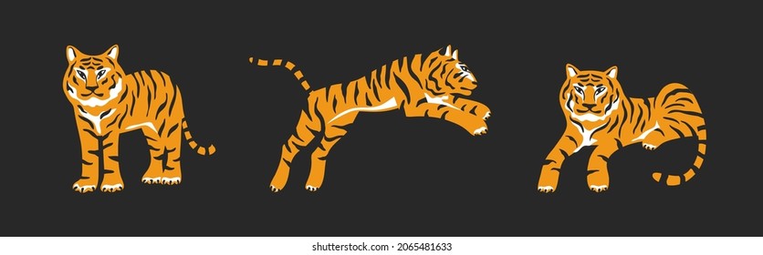 Isolated vector illustration of tigers silhouette on black background. Lying, standing, jumping tiger. Wild animal sign. Abstract wildlife design element. Tigers icon collection. New 2022 year symbol
