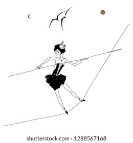 Isolated vector illustration. Tightrope walker acrobat girl, sun, crescent moon and two birds. Hand drawn linear sketch. Black and white silhouette.