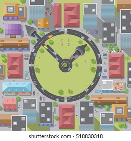 Isolated Vector Illustration. Time and modern city.
City in the form of clock. (Top view)
The dial and hands of the clock of urban elements. (View from above)