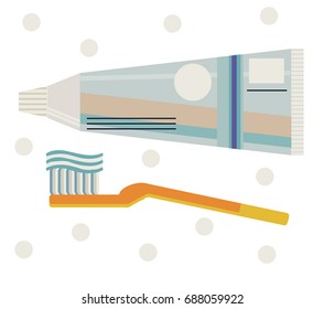 Isolated vector illustration with toothpaste and toothbrush on white background. Health care teeth, morning, washing