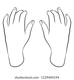 Isolated vector illustration. Top view of two human hands. Hand drawn linear sketch. Black silhouette on white background.