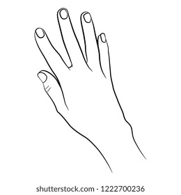 Isolated vector illustration. Top view of a human hand with open fingers. Hand drawn linear sketch. Black silhouette on white background.