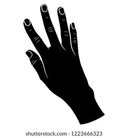 Isolated vector illustration. Top view of a human hand with open fingers. Hand drawn linear sketch. Black and white linear silhouette. Cartoon style.