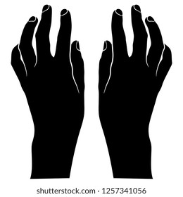 Isolated vector illustration. Top view of two human hands. Black and white linear silhouette. Cartoon style.