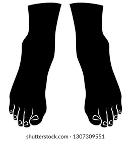 Isolated vector illustration. Top view of two bare human feet. Black and white linear silhouette. Cartoon style.
