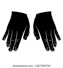 Isolated vector illustration. Top view of two human male hands.  Black and white linear silhouette. Cartoon style.