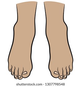Isolated vector illustration. Top view of two bare human Caucasian feet. Hand drawn sketch. Flat cartoon style.