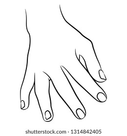 Isolated vector illustration. Top view of human hand with open fingers. Hand drawn linear sketch. Black silhouette on white background.