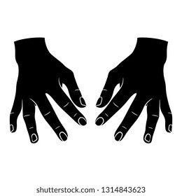 Isolated vector illustration. Top view of two human hands with open fingers. Black and white linear silhouette. Cartoon style.