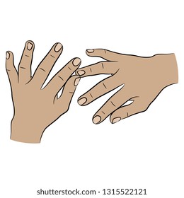 Isolated vector illustration. Top view of two touching human Caucasian hands with open fingers. Hand drawn linear sketch. Cartoon style.
