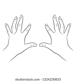 Isolated vector illustration. Top view of two raised up human female hands with open fingers. Hand drawn linear sketch. Black silhouette on white background.