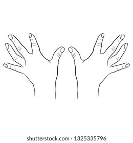 Isolated vector illustration. Top view of two raised up human female hands with open fingers. Hand drawn linear sketch. Black silhouette on white background.