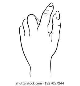 Isolated vector illustration. Top view of raised up human hand in pointing gesture. Hand drawn linear sketch. Black silhouette on white background.
