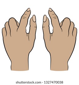 Isolated vector illustration. Top view of two raised up human Caucasian hands in pointing gesture. Cartoon style.