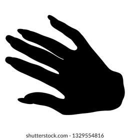 Isolated vector illustration. Top view of human female hand with long nails. Black silhouette on white background.
