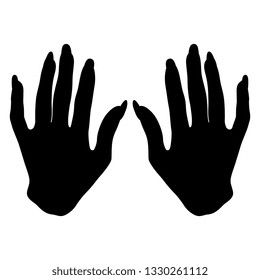 Isolated vector illustration. Top view of two raised up human female hands with long nails. Black silhouette on white background.