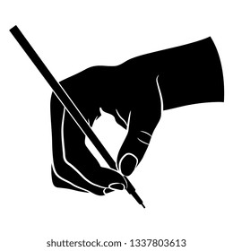 Isolated vector illustration. Top view of a human hand holding a pen in writing or drawing gesture. Black and white linear silhouette. Cartoon style.