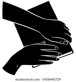 Isolated vector illustration. Top view of two human female hands holding or opening a book. Black and white silhouette. 