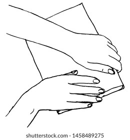 Isolated vector illustration. Top view of human female hands on top of a book or documents folder. Hand drawn linear sketch. Black and white silhouette.