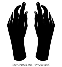 Isolated vector illustration. Top view of two beautiful slender female hands in elegant relaxed gesture. Black and white silhouette.