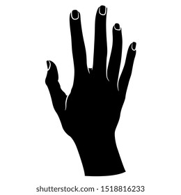 Isolated vector illustration. Top view of human female hand. Black and white silhouette.