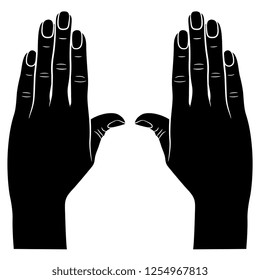 Isolated vector illustration. Tot view of two human hands with tightly pressed fingers. Black and white linear silhouette. Cartoon style.