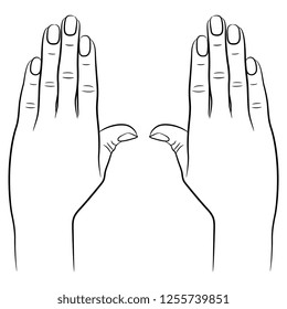 Isolated vector illustration. Tot view of two human hands with tightly pressed fingers. Hand drawn linear sketch. Black silhouette on white background.