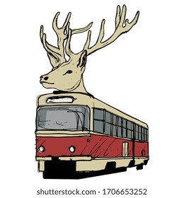 Isolated vector illustration. Tram with deer head as pantograph. Creative funny concept. Han ddrawn colorful sketch.