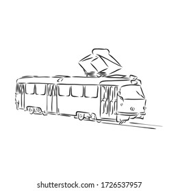 Ilustración vectorial aislada de un tranvía. Transporte urbano público. Esbozo de tinta de doodle lineal dibujado a mano. Silueta negra de fondo blanco. ilustración de esbozo vectorial de tram