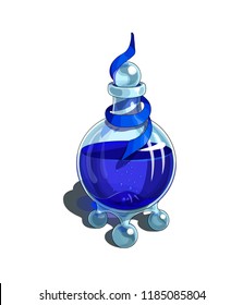Isolated vector illustration of a transparent glass bottle with a magic potion inside.