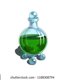 Isolated vector illustration of a transparent glass bottle with a magic potion inside.